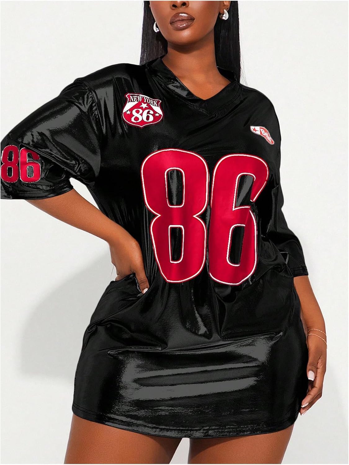 OYOANGLE Women's Jersey Dress Silver T-Shirt Oversized Y2k Number Print Short Sleeve V Neck Tees Party Top Shirt Dresses - Image 5