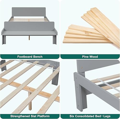 Miniatura 17 de Dolonm Marco de cama individual para niños con banco de estribo, gris, madera de pino, estilo moderno, no necesita somier