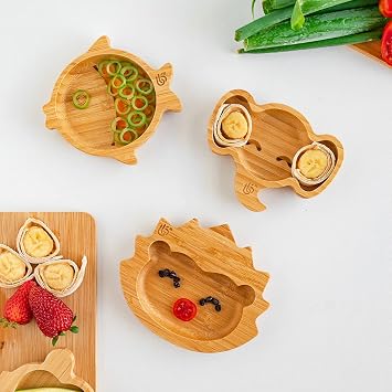 Bamboo Baby Plate Set - Tiny Weaning Plate Trio (Fish, Hedgehog, Elephant)