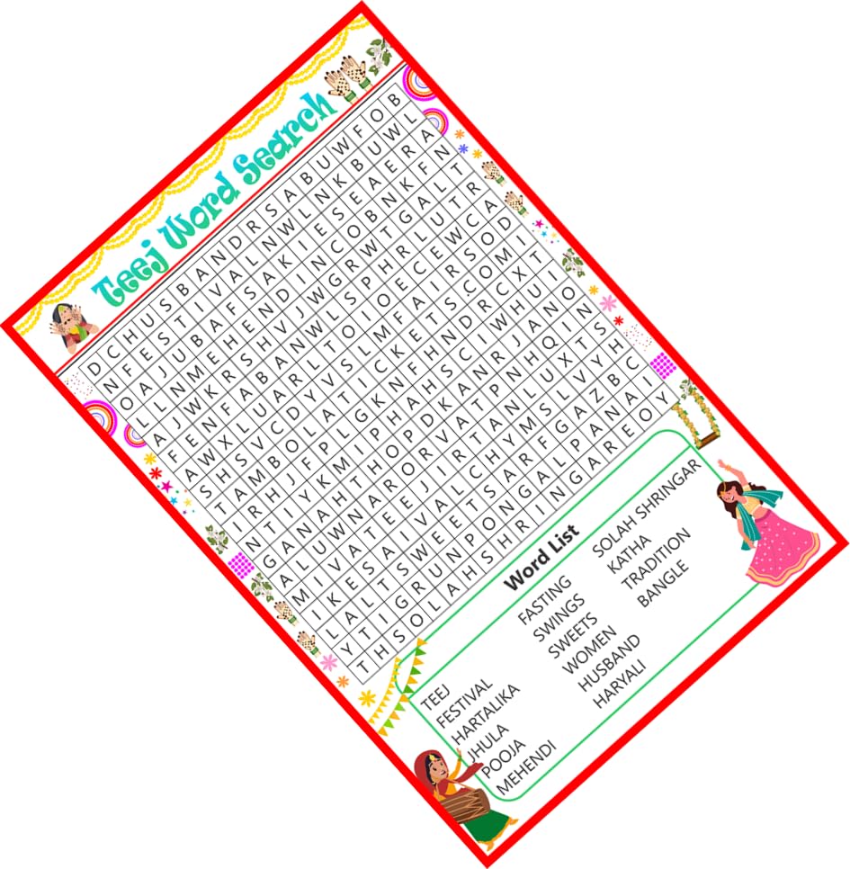 Women's Festival Theme Teej Word Search Game 30 Cards with Solution Sheet Kitty Party Time Based Puzzle Activity Game-image-15
