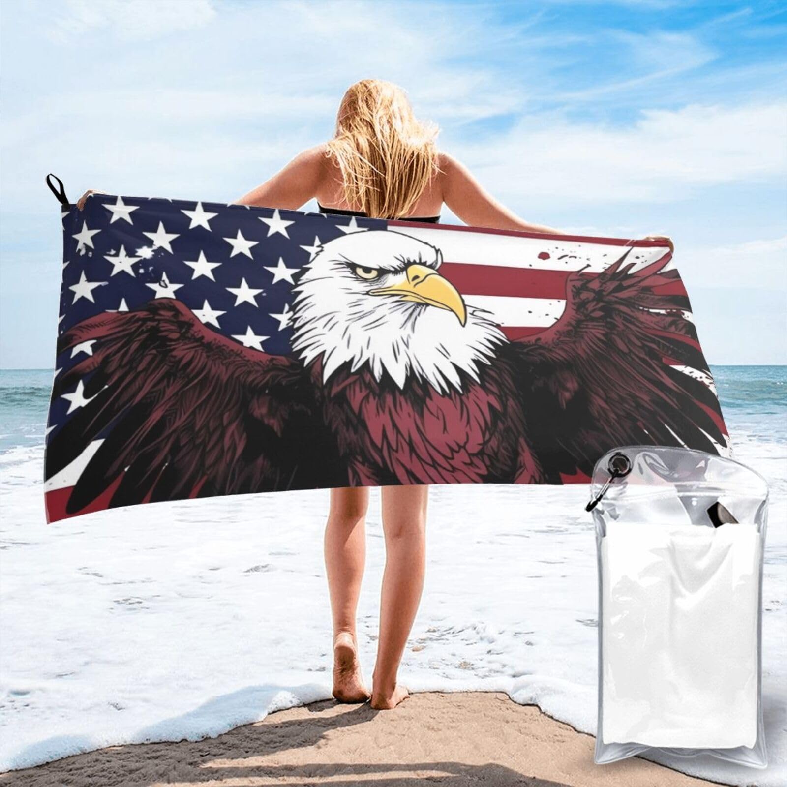 Microfiber Sand Free Beach Towel 27.5"x55", Quick Dry Absorbent Travel Towel Large Camping Blanket, American National Flag with Eagle Bath Towels Lightweight Pool Swim Towels for Vacation Essentials