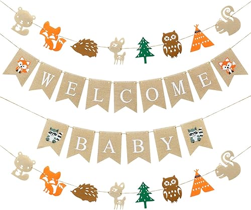 Decoraciones de baby shower de bosques, pancartas de baby shower, 1 pancarta de bienvenida al bebé, 2 pancartas de criaturas del bosque, ciervos,