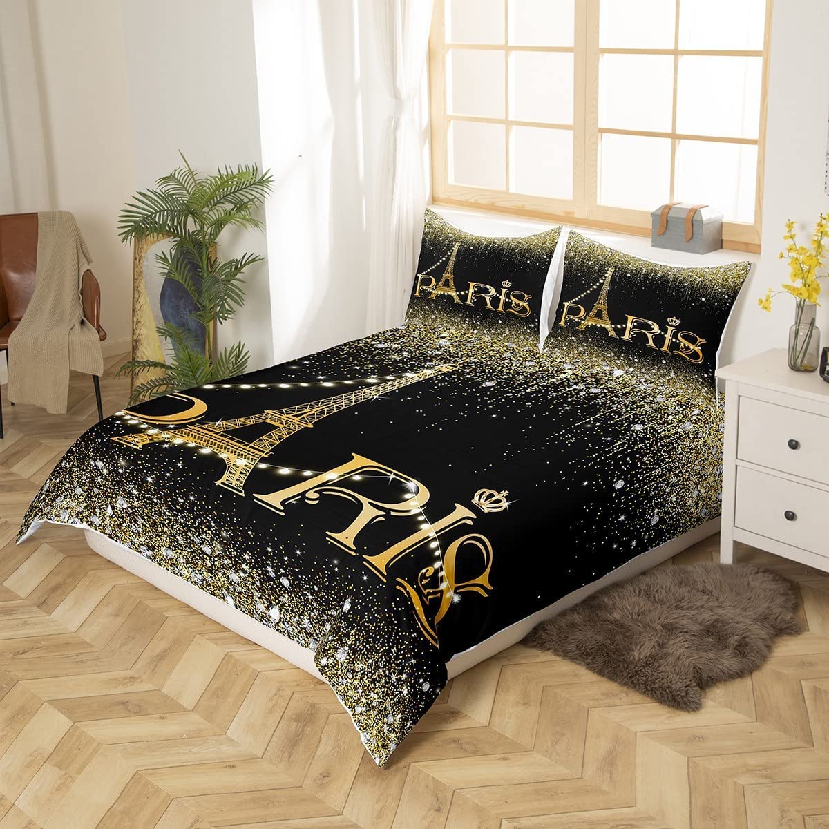 Homewish Black Golden Paris Bedding Set King For Women,Girly Glitter Eiffel Tower Duvet Cover For Valentine'S Day Gift,Gradient Diamond Comforter Cover Sparkles Sequins Quilt Cover With 2 Pillow Sham - Image 2