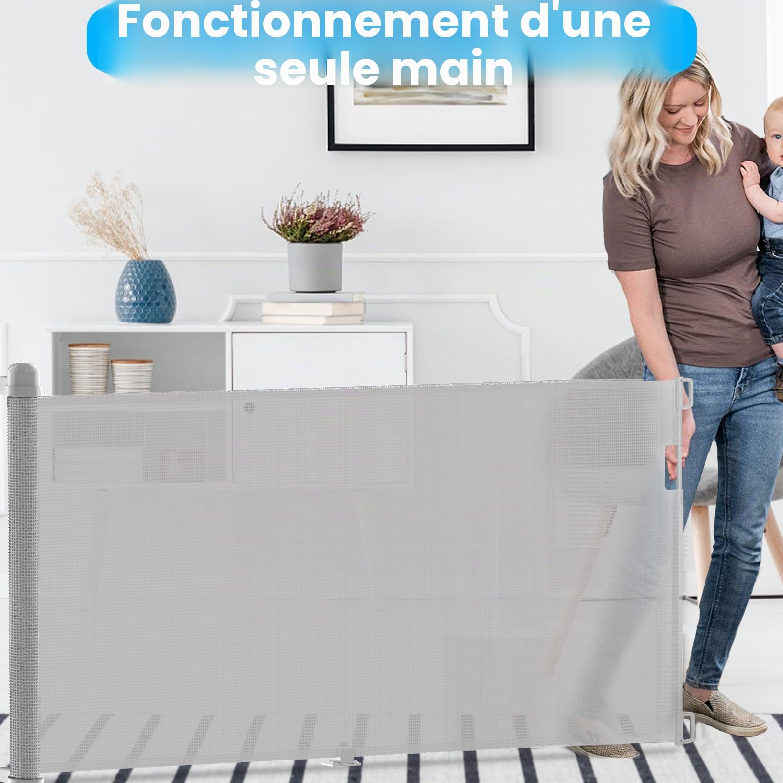 NAIZY Barrière de protection de porte, enroulable, 0 à 300 cm, pour bébé et chien, extensible, pour l'intérieur et l'extérieur, grise, LMZJ-HAG1393A
