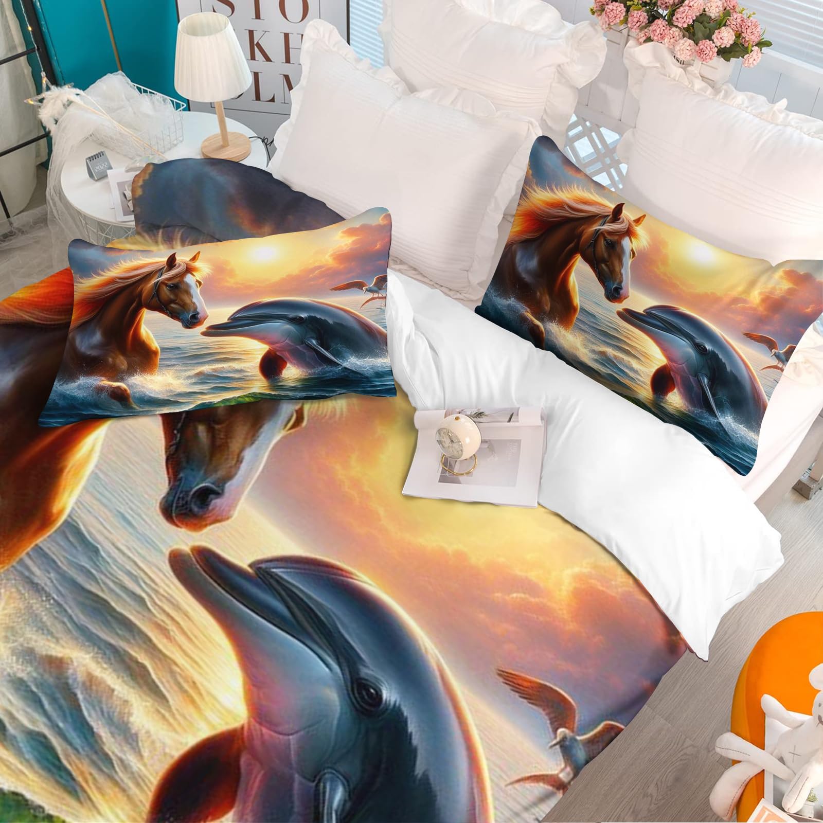 KIDSLOVE Pościel z delfinem 135 x 200 cm, poszewka na kołdrę dla dzieci, urocze zwierzęta, delfiny, zestaw pościeli z nadrukiem 3D, 100% mikrofibra, poszewka na kołdrę (8, 220 x 260 cm, 50 x 75 x 2)