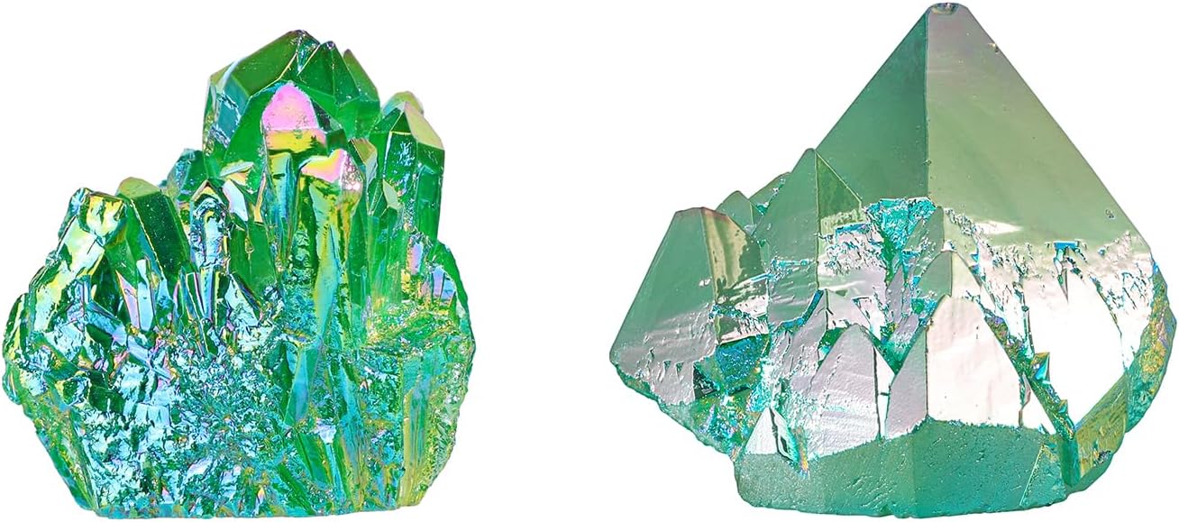 mookaitedecor Bundle - 2 Items: Titanium Coated Natural Rock Crystal & Angel Aura Quartz Natural Rock Quartz Titanium Coated Crystal Points, Green