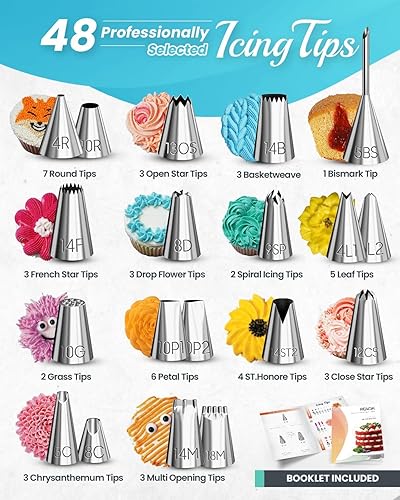 Miniatura 4 de RFAQK Juego de 74 bolsas de glaseado y puntas, kit de decoración de pasteles con 48 puntas de tuberías numeradas, bolsas de pastelería antiestallido