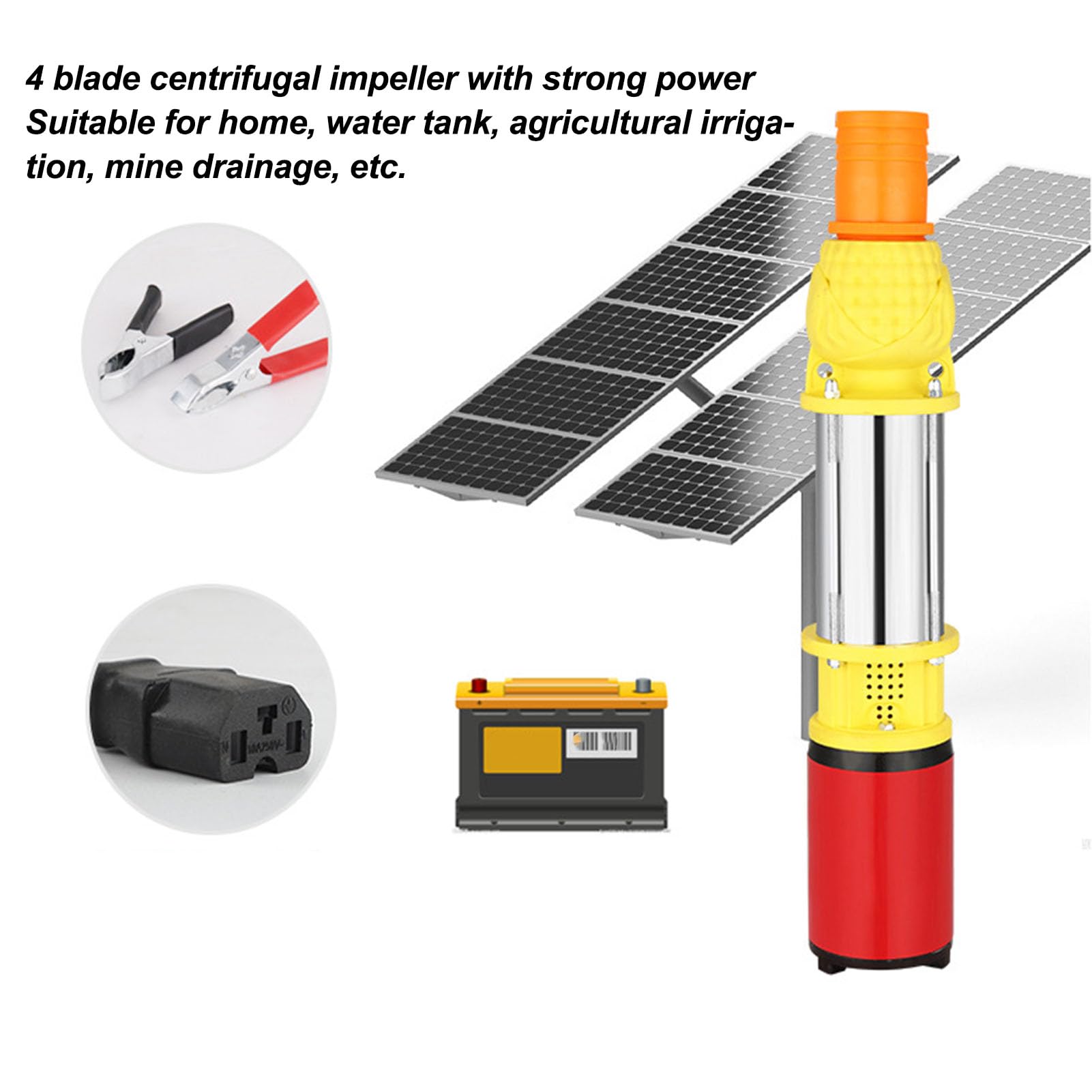 Bomba Sumergible Solar DC24V 300W Varilla de Acero Inoxidable Bomba Sumergible de Pozo Profundo de Elevación Alta de 65.6 Pies con Impulsor de 4 Aspas y 3 Conectores para Pozo,