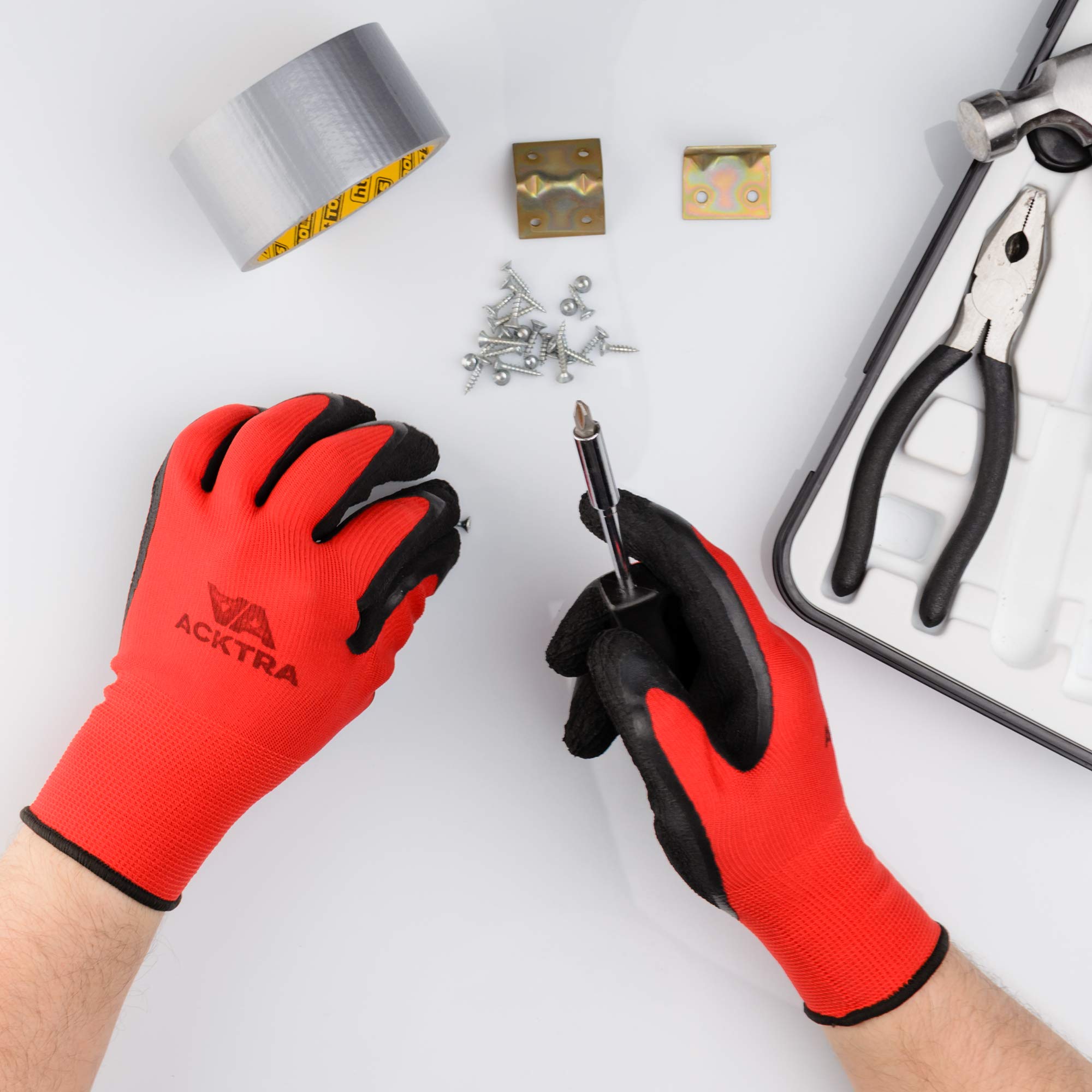 ACKTRA Guantes de trabajo de seguridad de nailon recubierto, 12 pares, puño de muñeca de punto, multiusos, para hombres y mujeres, WG009 poliéster rojo, látex negro, talla S