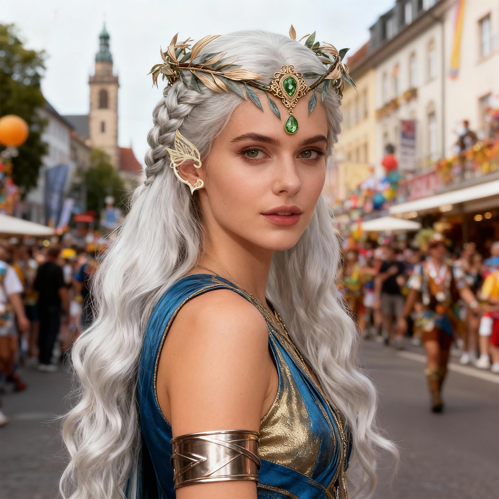 Costume da donna, costume da elfo regolabile, da donna, con corona di fiori, orecchini a farfalla, fata della foresta, per carnevale, Halloween, carnevale, cosplay ed eventi fantasy