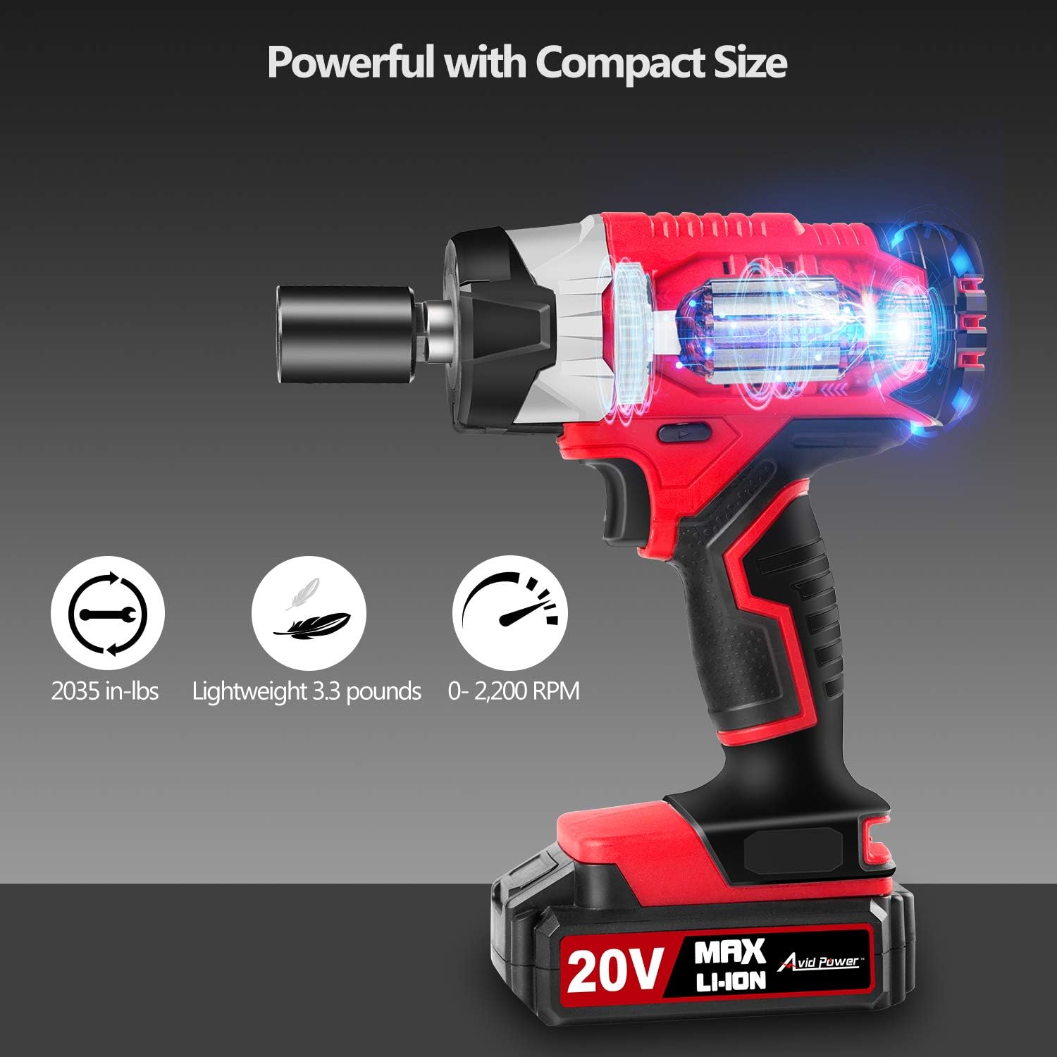 Avid Power 20V MAX Cordless Impact Wrench with 1/2” Chuck, Max Torque 185 ft-lbs, 4Pcs Driver Impact Sockets, Tool Bag and 1.5A Li-ion Battery, Avid Power MCIW326