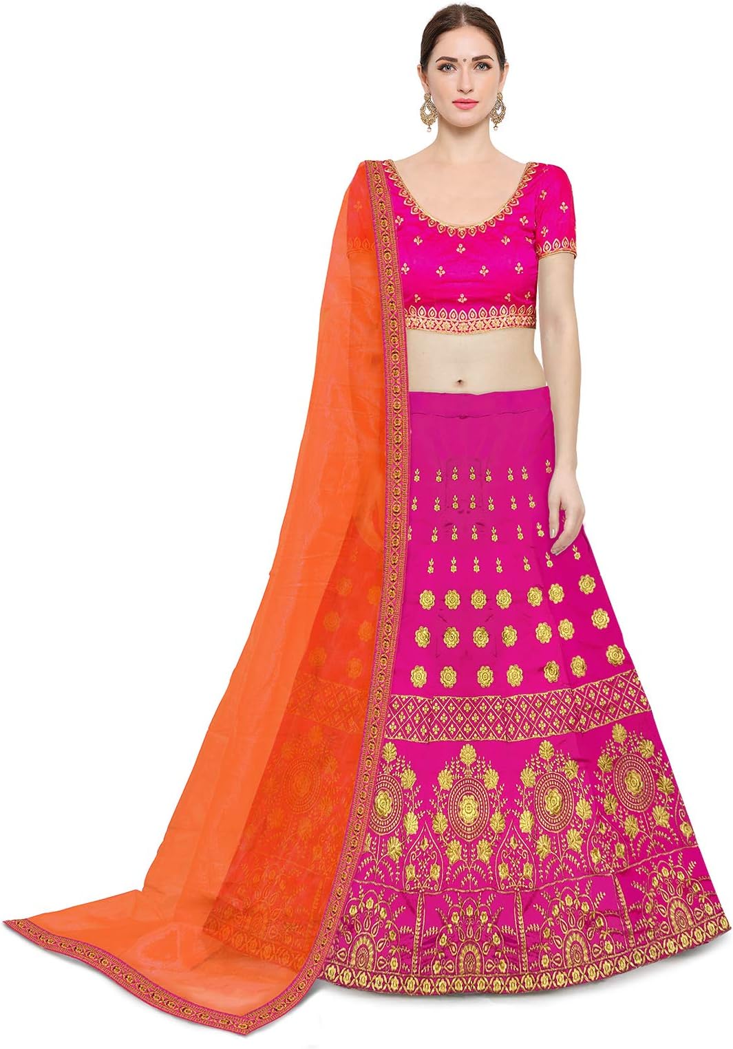 KEDARFABWomen's Taffeta Silk Semi stitched Lehenga Choli (ORANGE LEHENGA CHOLI_Pink Orange_Free Size)