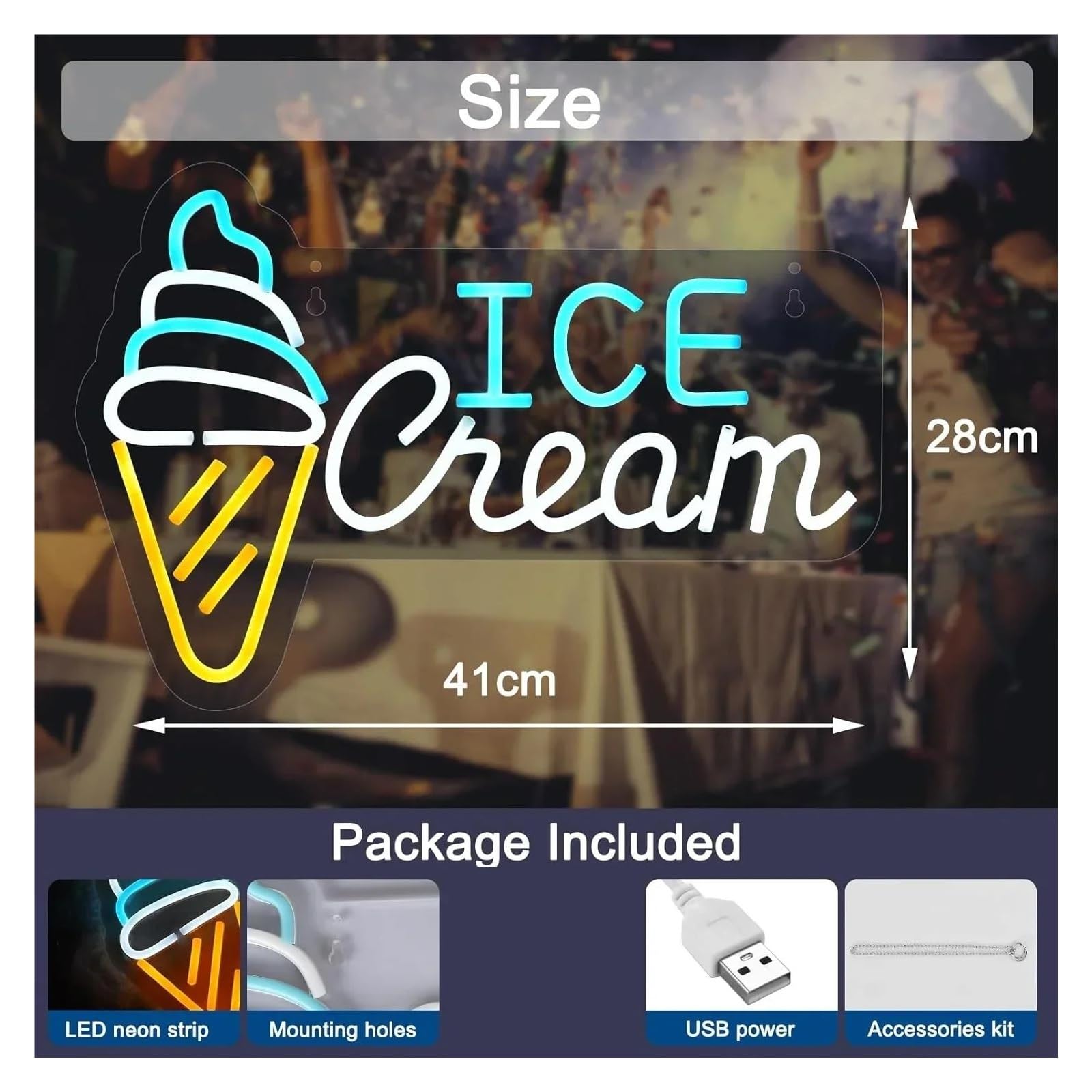 Decoración Lámparas Ice Cream Letrero De Neón Luz Noche USB Interruptor Regulable Para Tienda De Negocios Bar Cafetería Decoración Colgante 41cm×28cm
