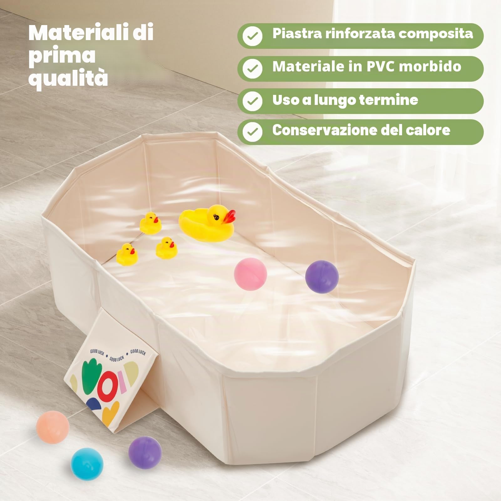 Vasca da bagno pieghevole con 5 palline, 2 anatre, vasca da bagno integrata per bambini con vite di scarico, vasca da doccia portatile, navicella integrata per bambini da 0 a 8 anni