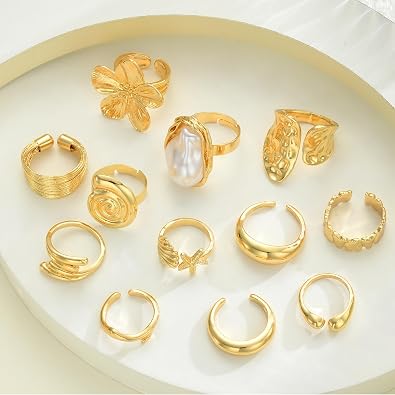 FAXHION 12 PCS Chunky Gold Plated Rings for Women Statement Flower Ring Set