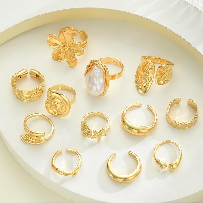 FAXHION 12 PCS Chunky Gold Plated Rings for Women Statement Flower Ring Set
