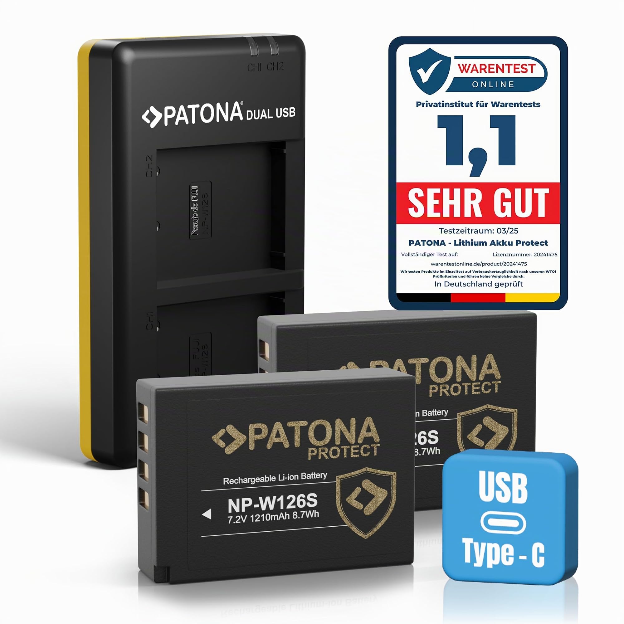 PATONA Zestaw Dual Ładowarka USB-C z 2X NP-W126S Protect, 1210mAh