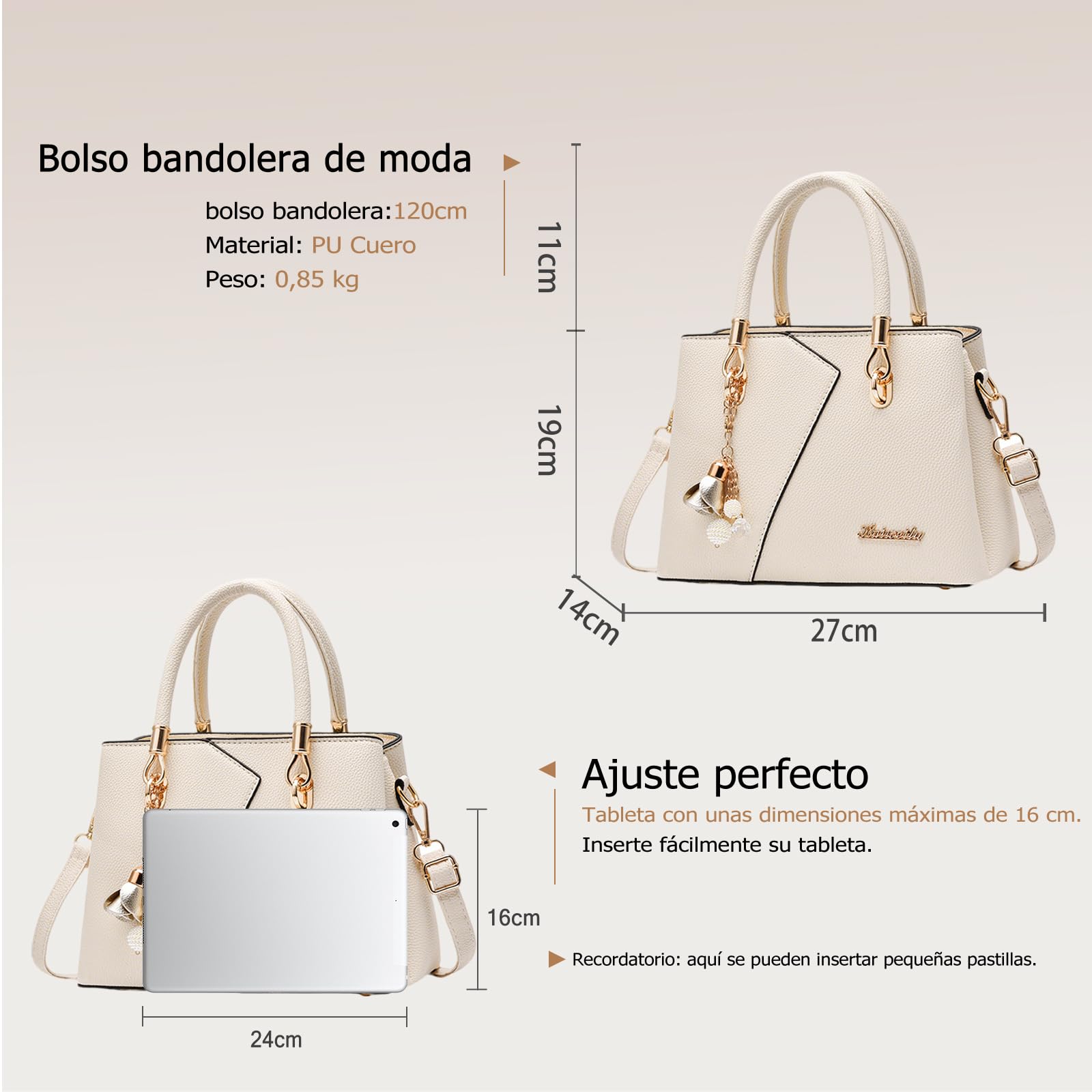 FANDARE Mujer Bolso Bandolera Multibolsillos Shoppers y Bolsos de Hombro PU Cuero Bolso Cruzados Impermeable Bolsa de Mano Forma V Bolso para Viajes Compras Trabajo Citas Beige