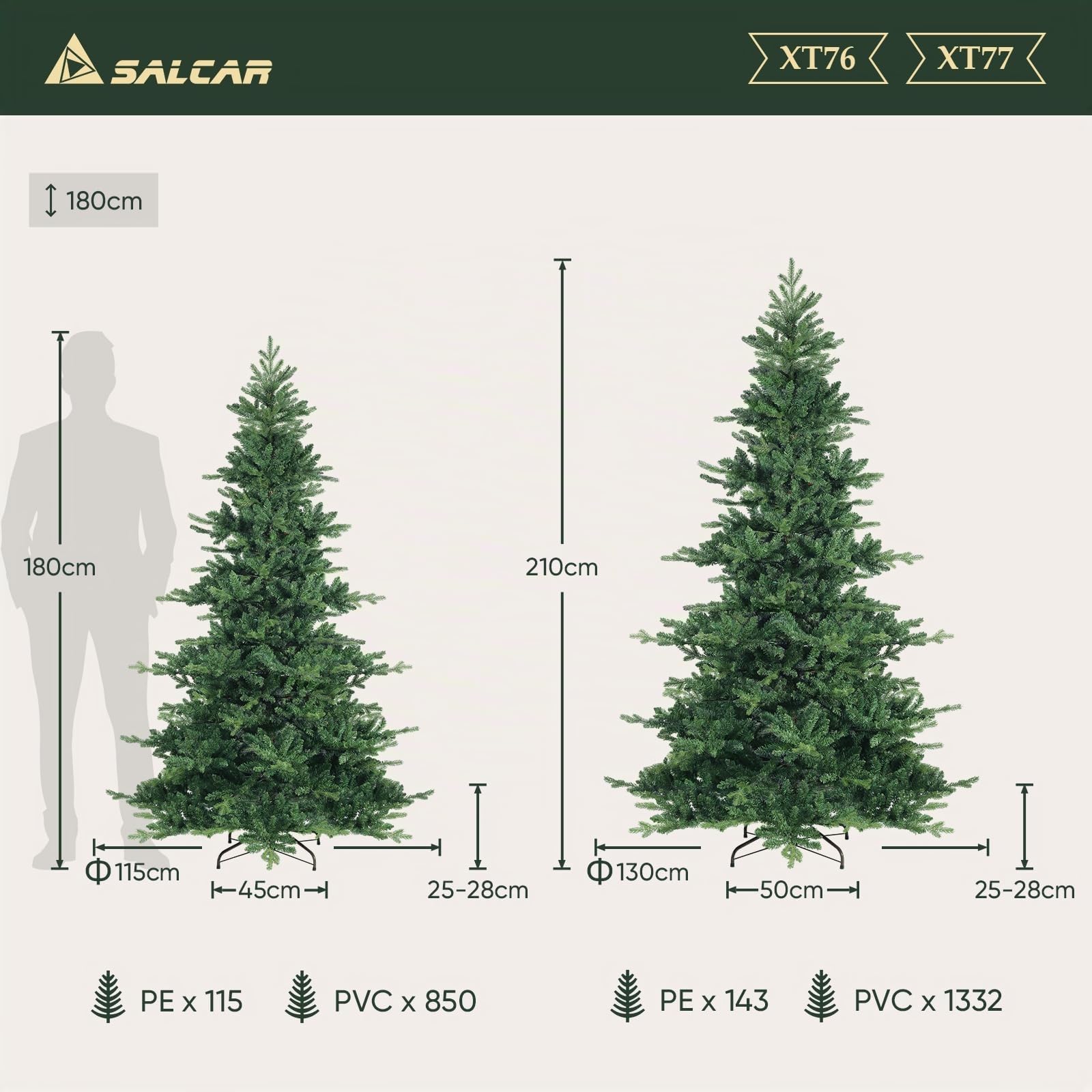 SALCAR Sapin de Noël Artificiel de 210 cm, en PVC et polyéthylène, système de Parasol Pliable, diamètre 130 cm
