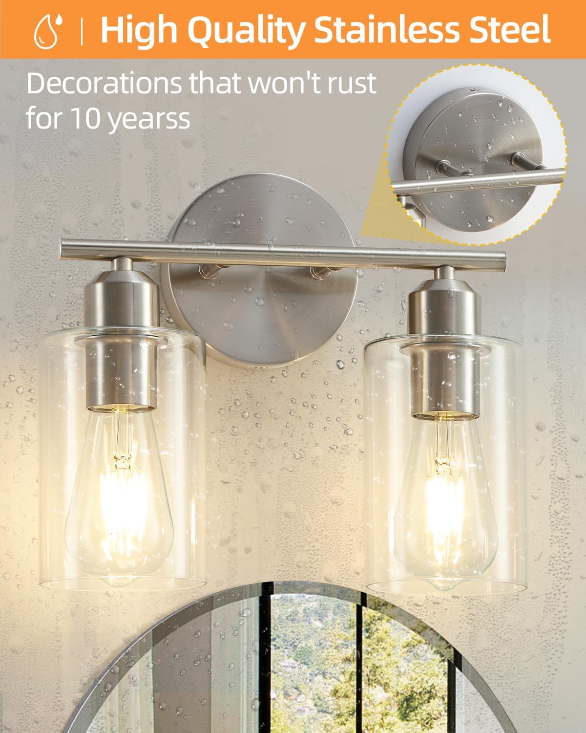 Brushed Nickel 2-Light Vanity Fixture with Clear Glass Shades