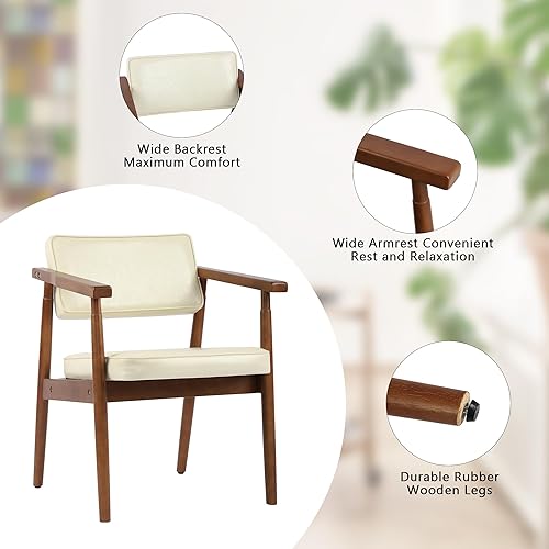 Miniatura 3 de LSSPAID Sillas de comedor de mediados de siglo con barandilla de madera, sillón tapizado de piel sintética de tela beige, cómodo respaldo, sillas de