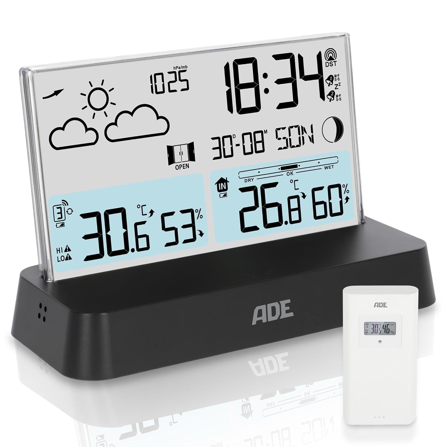 ADE Digital Weather Station with external sensor, displaying time, weather, temperature, and humidity