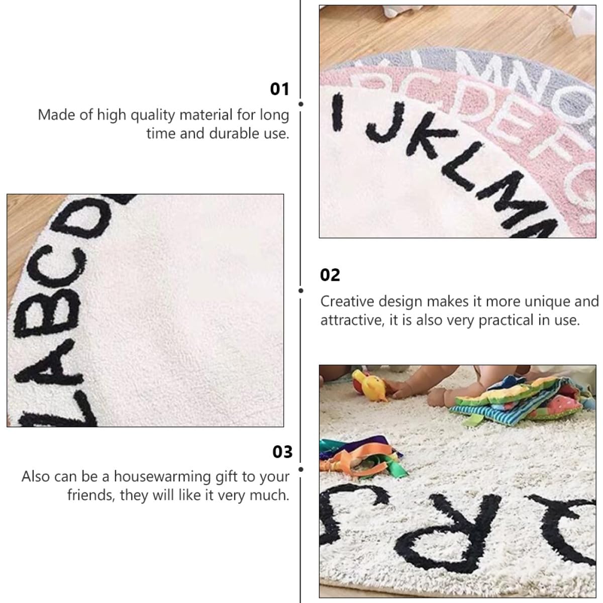 Tapis Rond Garçon et Filles Antidérapant 120 Cm Tapis de Sol Blanc 26 Lettres Anglaises pour Chambre Bébé Salon et Aire de Jeu Éducative