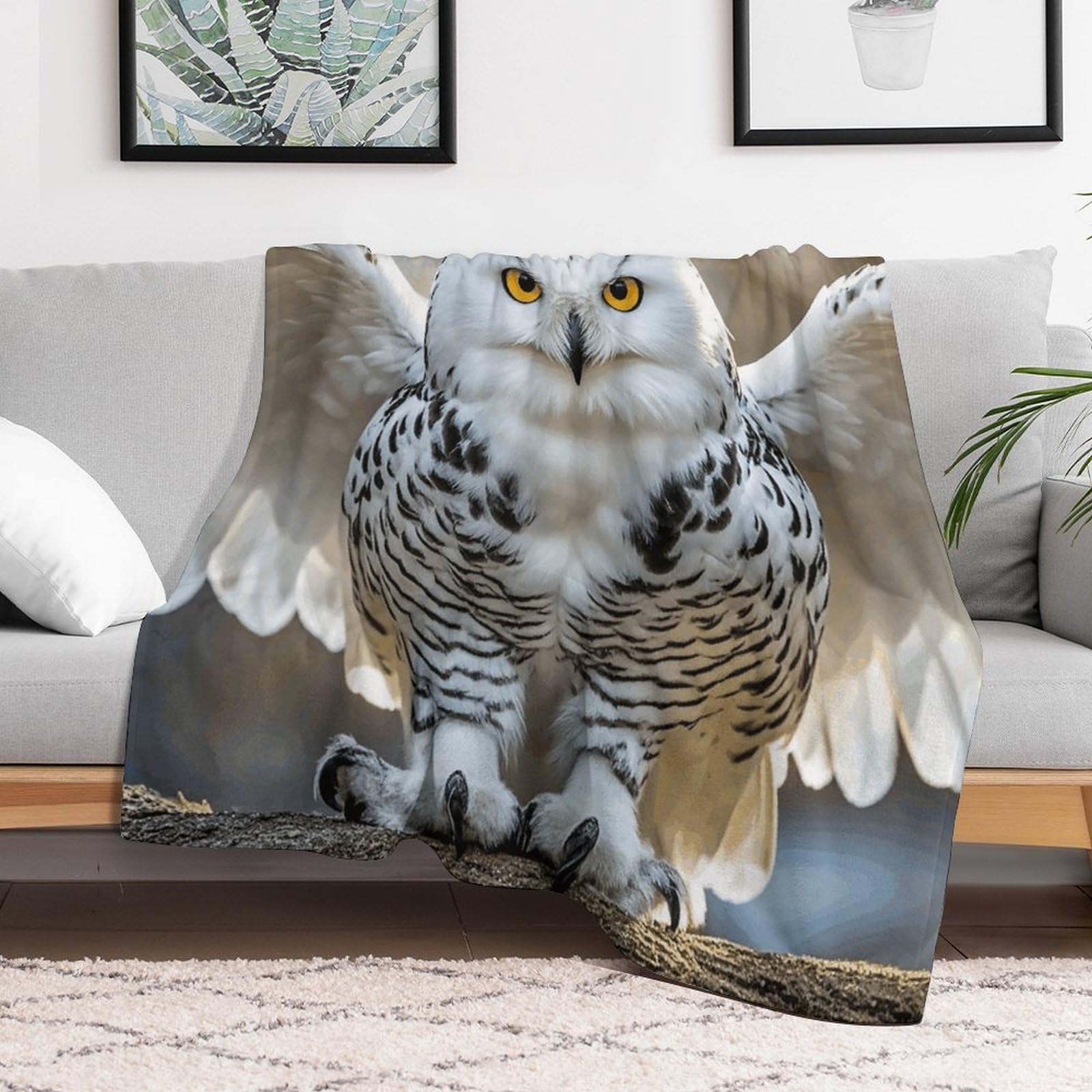 Couverture polaire hibou des neiges en flanelle, idée cadeau cocooning et déco style ferme