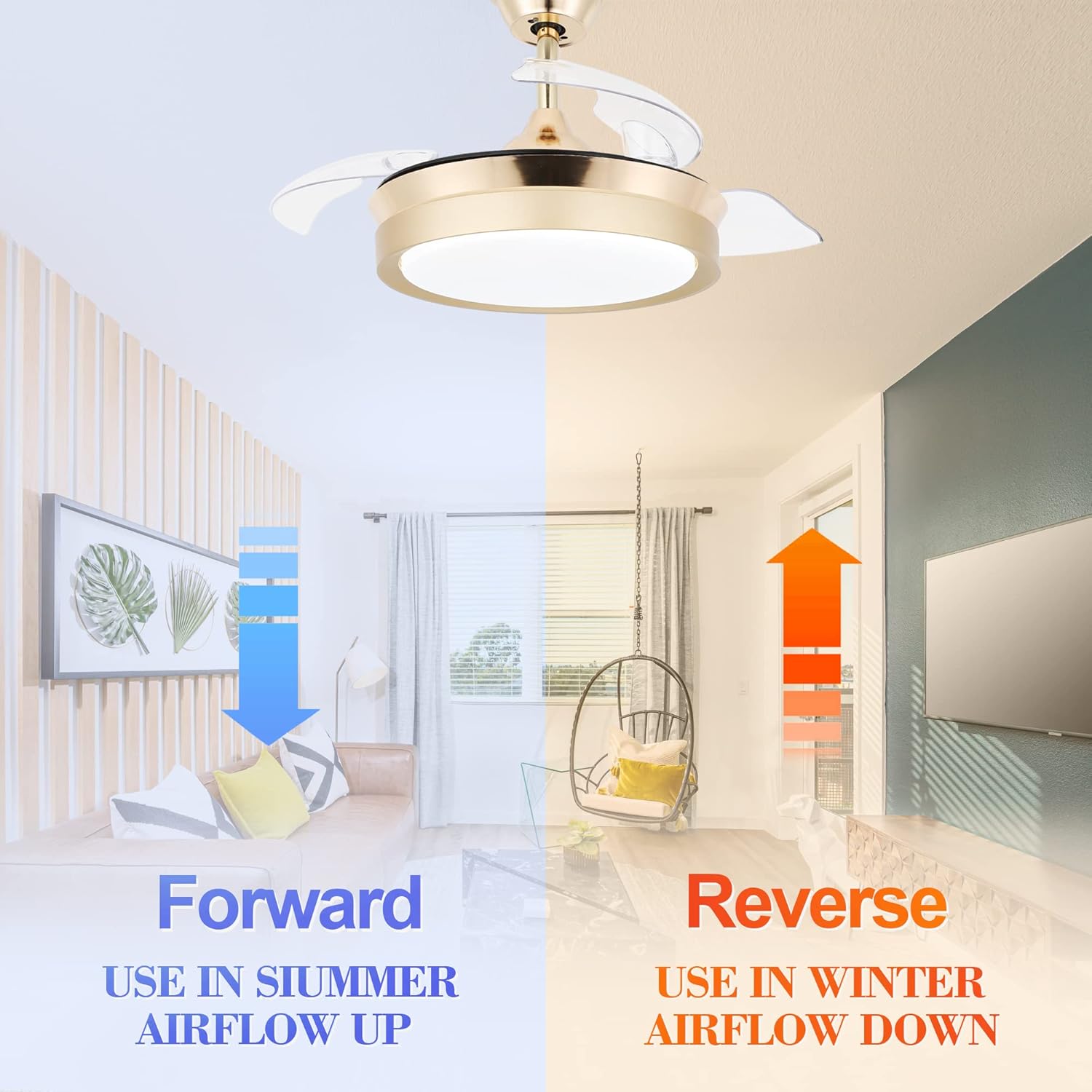 Diagram illustrating forward and reverse airflow for the ceiling fan