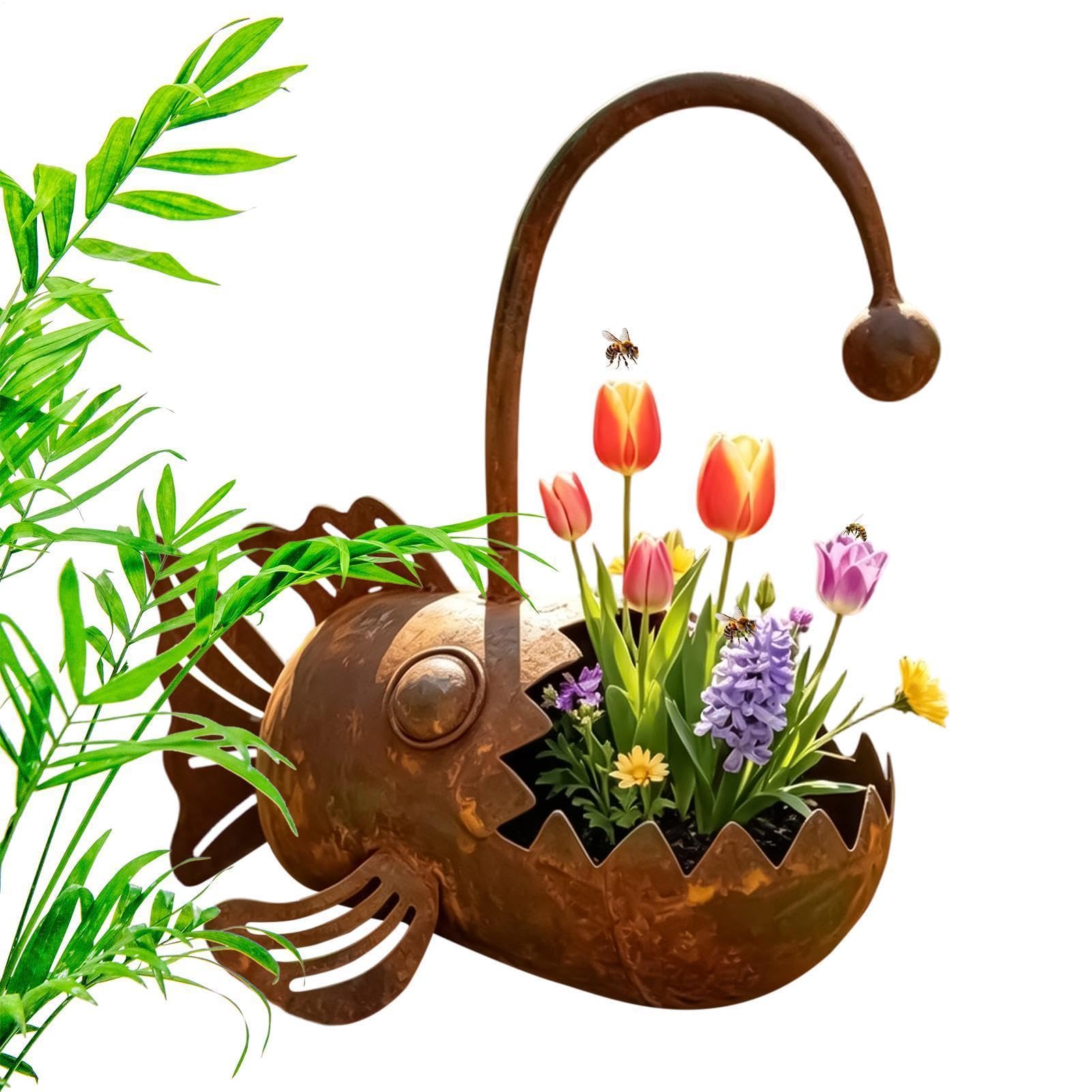 Rustic Metal Sculpture Planter | Funny Fish Decoration Rustproof | Metal Art Plant Pots - for Flowers Cacti, Yard Balcony Garden Lawn Patio Flower Bed