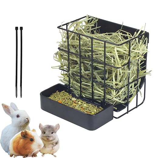Rabbit Hay Feeder Guinea Pig Hay Feeder, Hay and Food Holder with Hook Heavy-Duty Metal Frame Hay Rack，for Bunny, Guinea Pigs,Chinchillas， Comes with Two Multifunctional Zippers-6.8x6.7x6.6inch