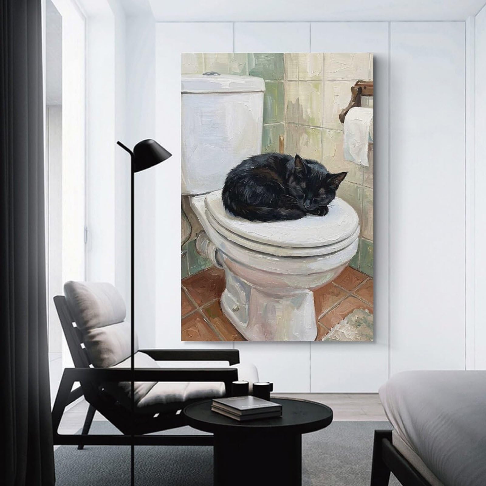 Junmoney Room Decor Wall Art Black Cat Sleeping on A Toilet Lid, 08x12inch(20x30cm), for Workspace Walls, Study Corners Or Bedrooms, A Smart Decor Choice for Study Walls