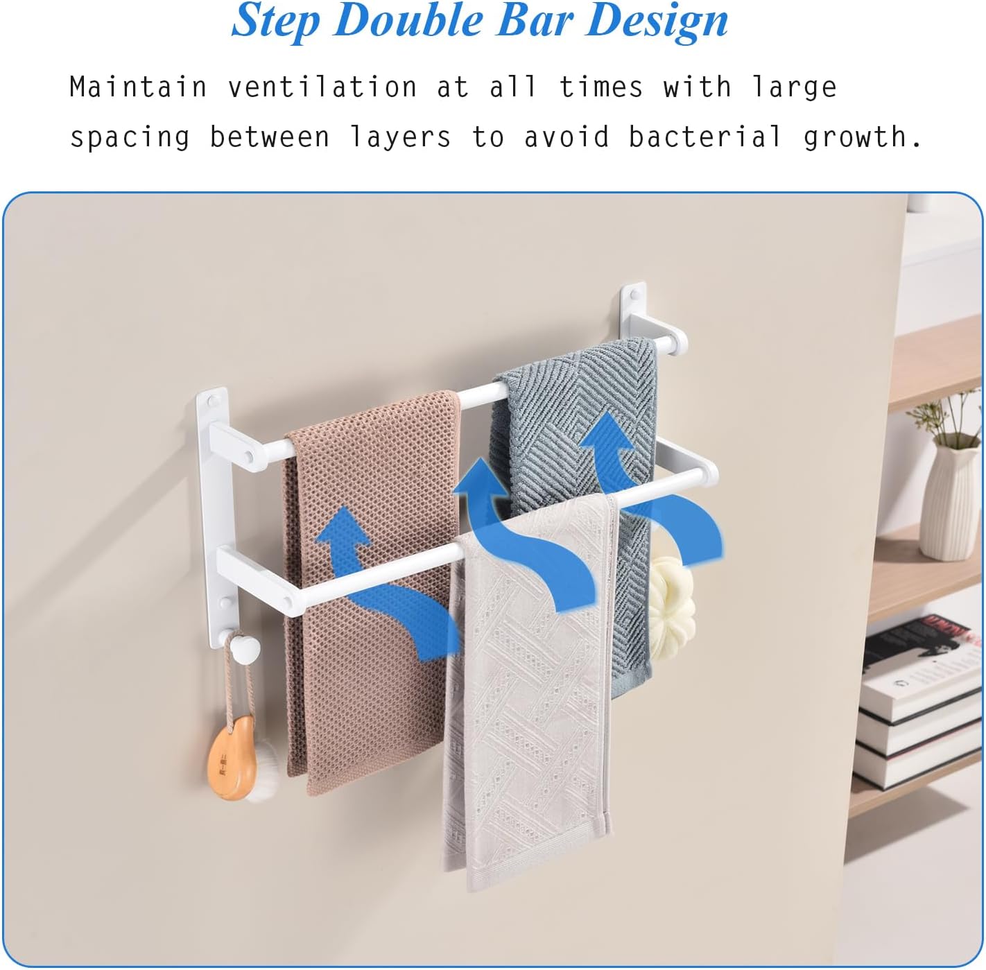 18-Inch Double Towel Rack with Hooks - Space Saving Towel Bar for Bathroom, Stainless Steel Towel Holder, White Finished