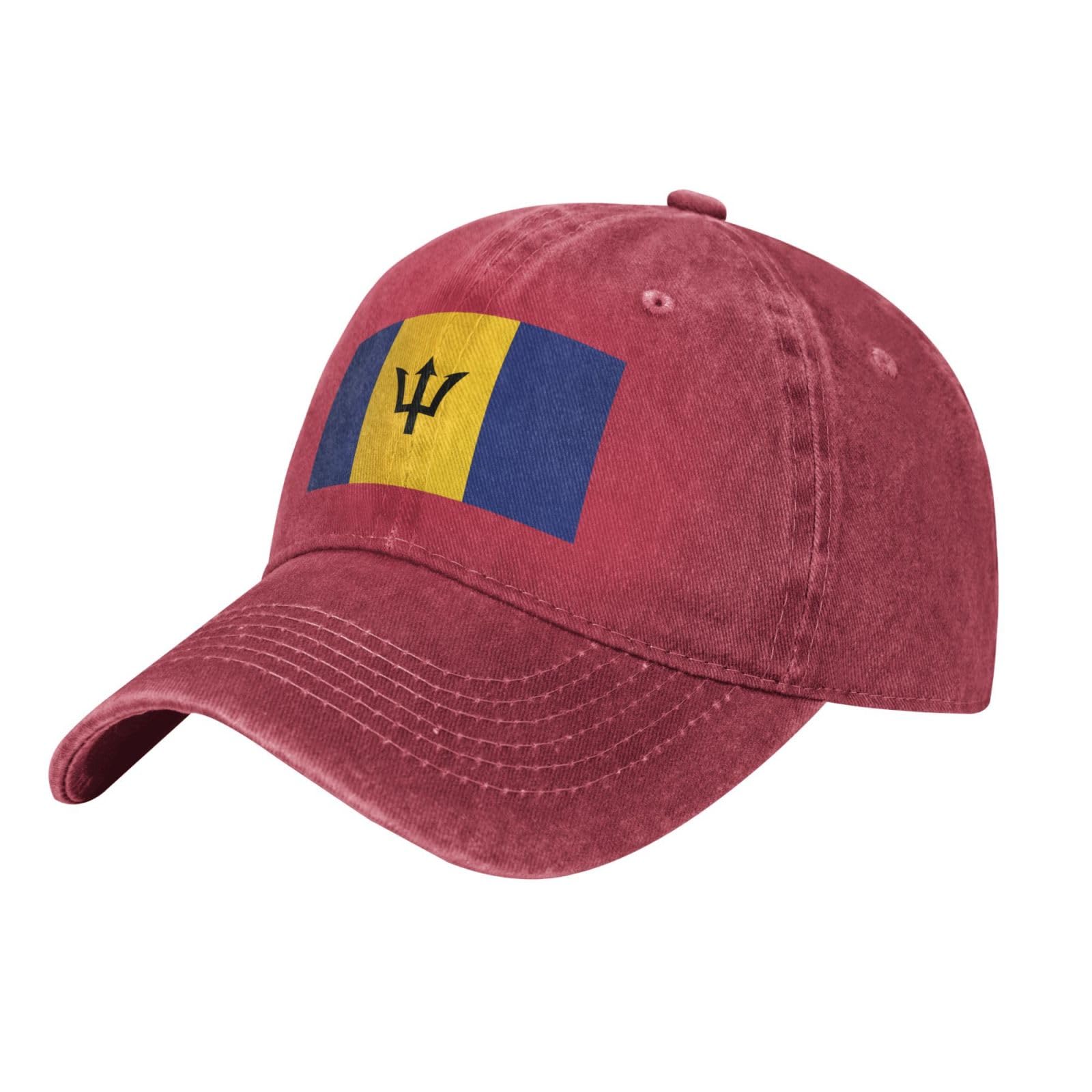 Flag of Barbados Washed Cowboy Baseball Cap for Adults - Stylish and Breathable Hat with Adjustable Strap, Red, One size