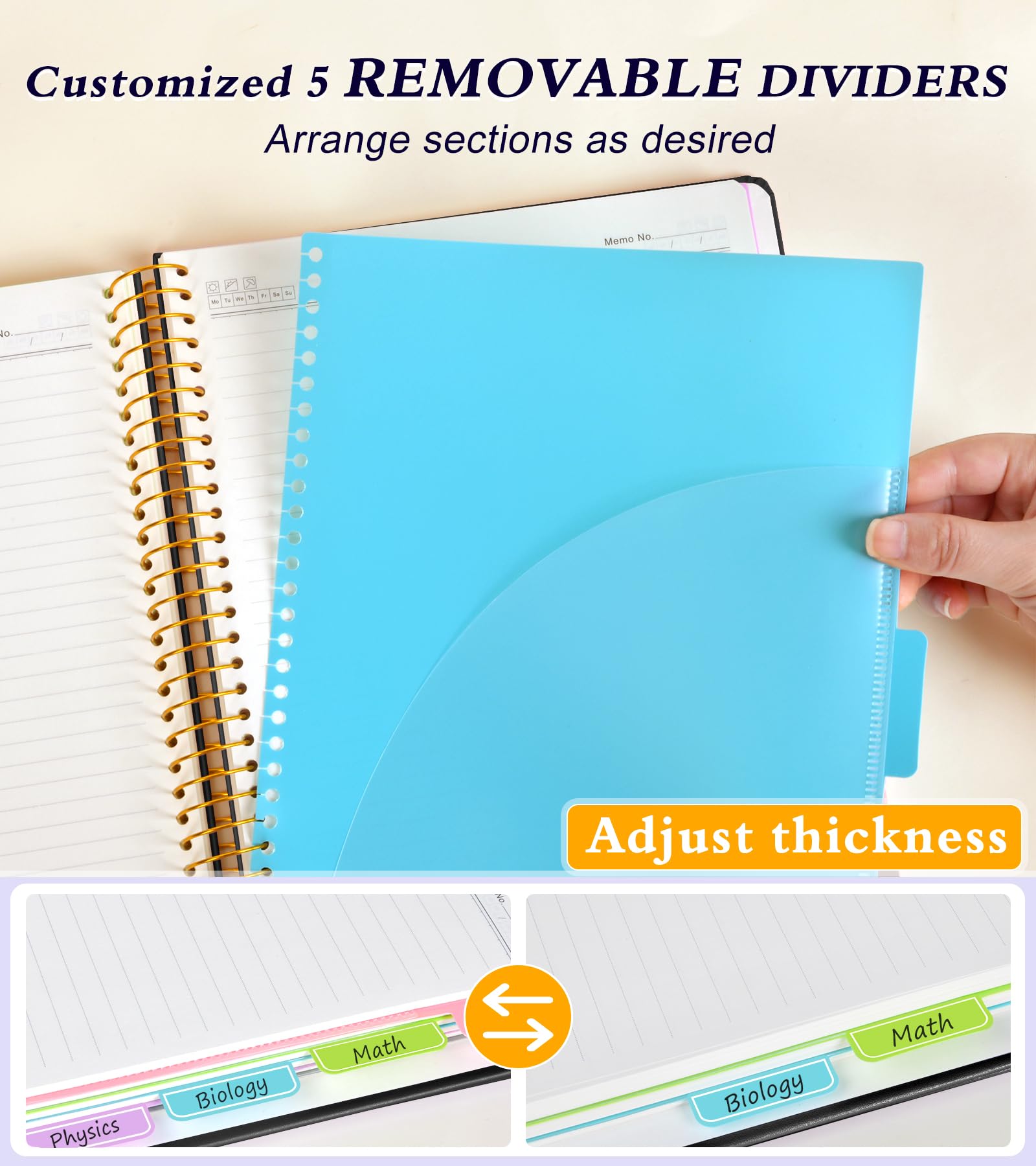 Cuaderno de 5 asignaturas a rayas con pestañas divisoras de bolsillo extraíbles, cuaderno en espiral de 240 páginas de 8.5 x 11 pulgadas, cuaderno rayado para mujeres, cuadernos de tapa dura para el