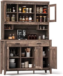 SILKYDRY 78.5" Tall Kitchen Hutch Buffet Cabinet with Glass Doors, Drawers, Adjustable Shelves & Microwave Shelf