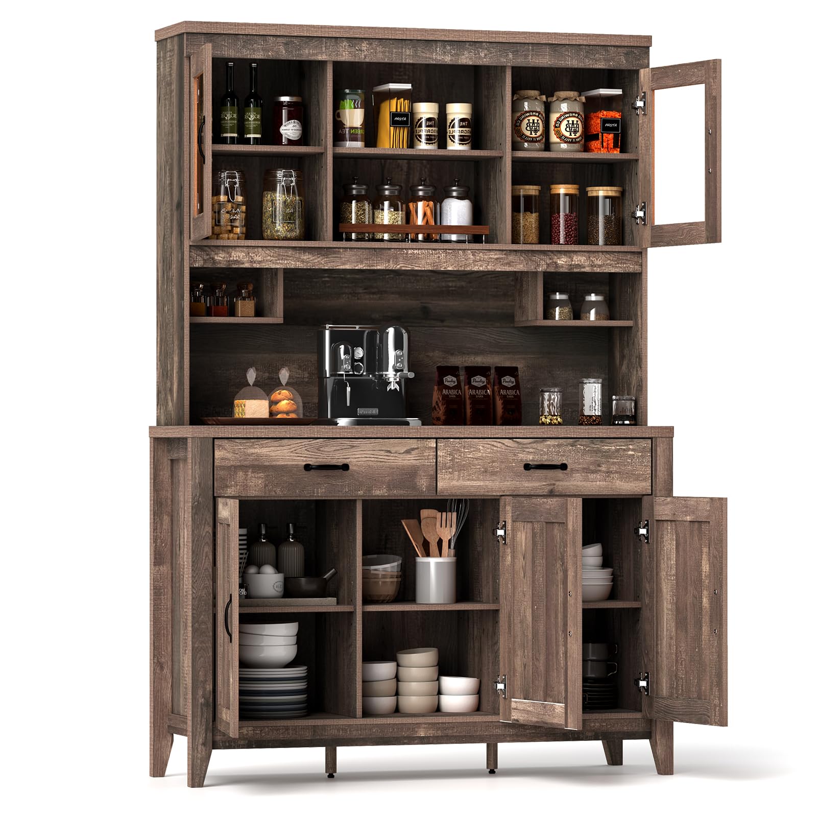 SILKYDRY 78.5" Tall Kitchen Hutch Storage Cabinet, Large Buffet Cupboard with Glass Doors, Drawers, Adjustable Shelves, Wooden Kitchen Pantry Cabinet