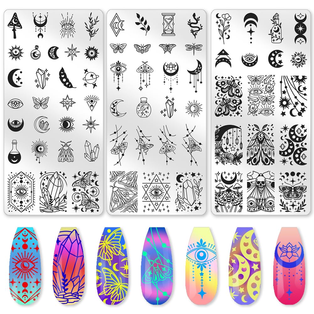 beinkmake 3Pcs Moth Nail Stamping Plate Set Butterfly Sun Moon Eyes Crystal Stainless Steel Nail Stamp Templates Clear Silicone Nails Stamping with Stamper Scraper for Manicure Printing