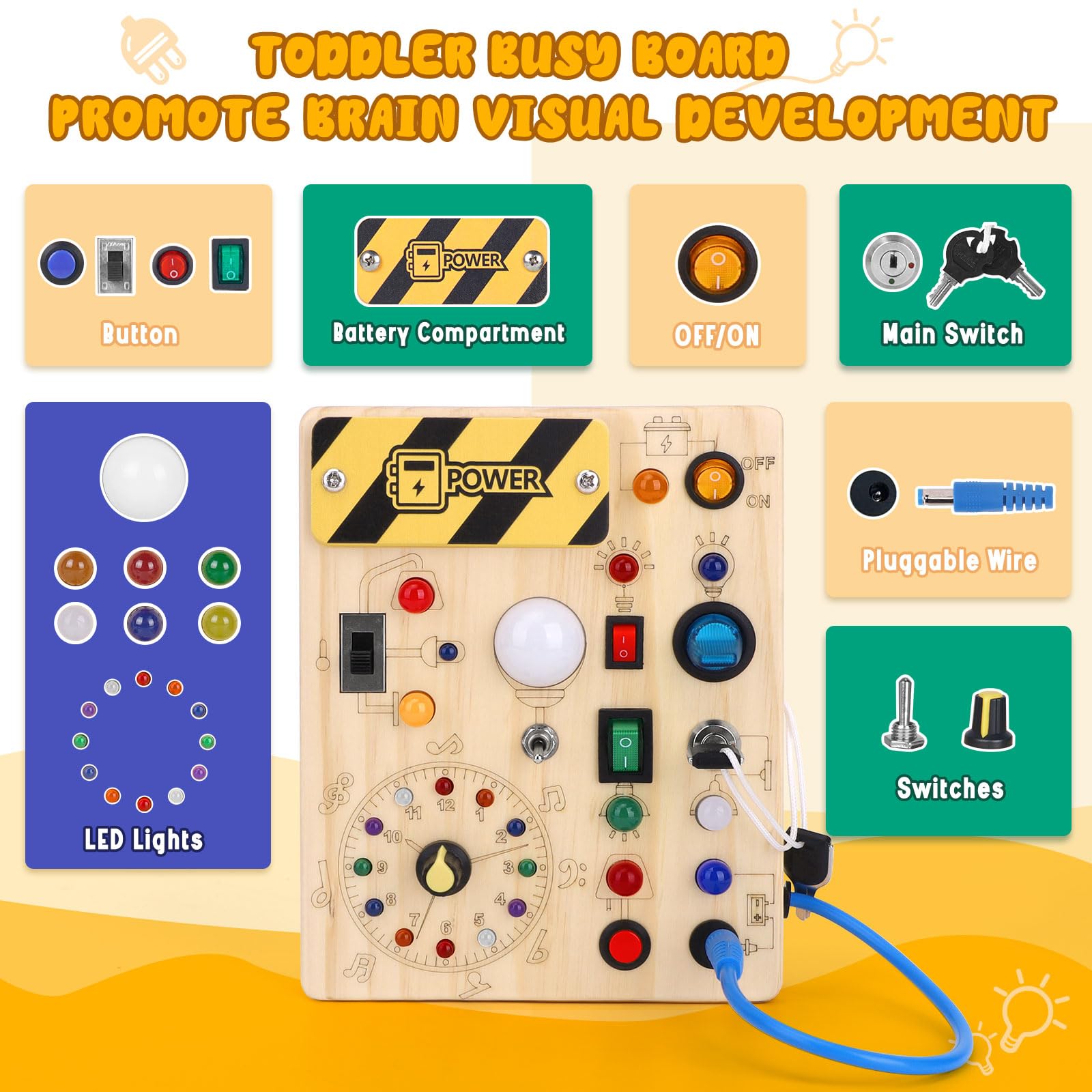 Konijiwa Montessori Busy Board for Toddlers for 1 year old Activity Board Wooden Toy with 10 Switches and 23 LED Lights Sensory Board Toys for 1 year old Boys from 1 2 3 4 years Boys and Girls - Image 4