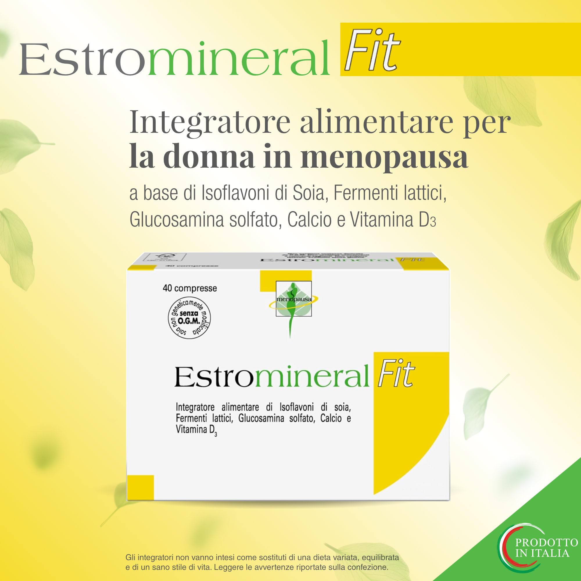 Estromineral Fit, Integratore Menopausa e Ossa, 40 Compresse con Isoflavoni di Soia, Fermenti Lattici, Glucosamina Solfato, Calcio e Vitamina D3, Senza Glutine e Senza Lattosio