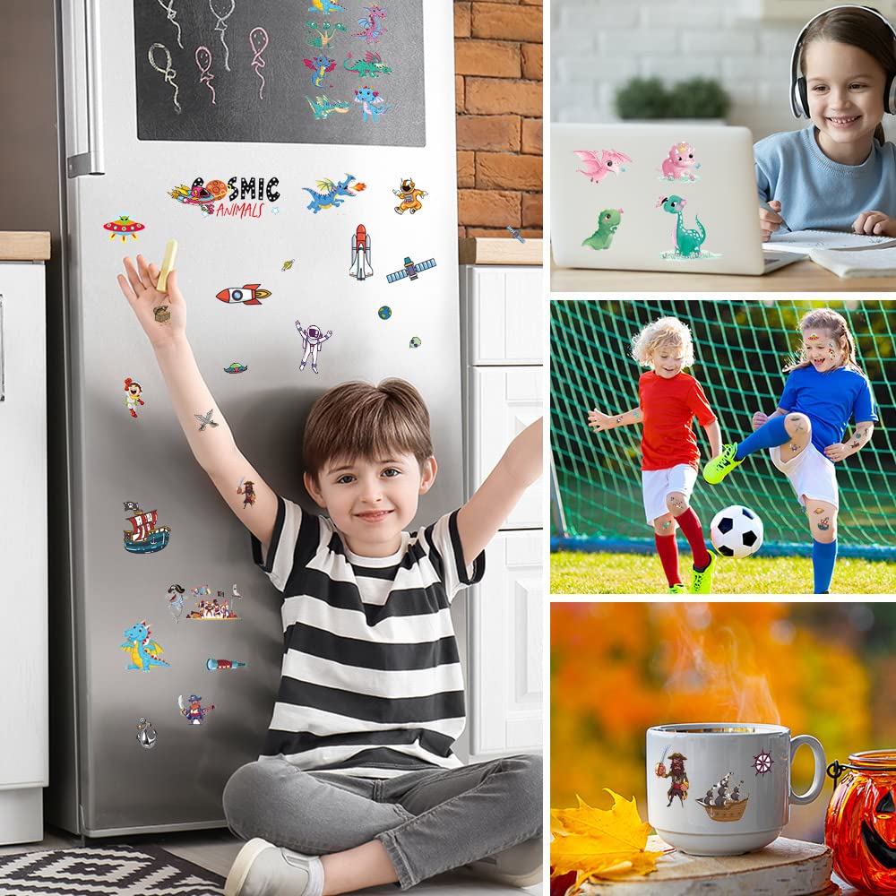 ACWOO Tatuaggi Temporanei per Bambini, 30 Fogli 350 Pezzi Finti per Ragazzi, Set per Adulti Festa Compleann (Dinosauro + Spazio + Pirata)