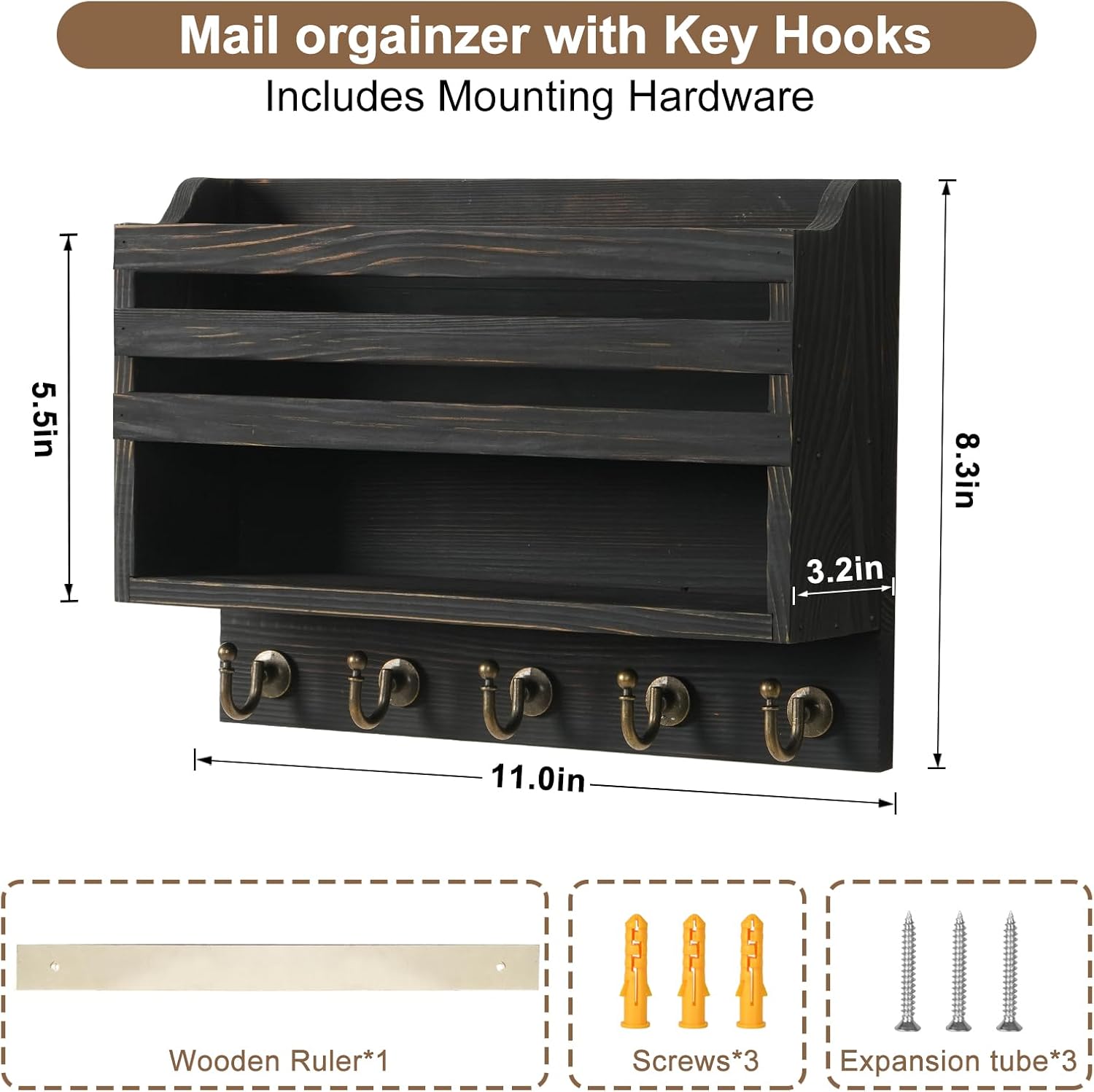 Mail and Key Organizer for Wall – Key Holder Wall Mount with Storage Box and 5 Key Hooks, Mail Holder Wall Mounted for Entryway, Apartment, Office, Home Decor Organization (Black)