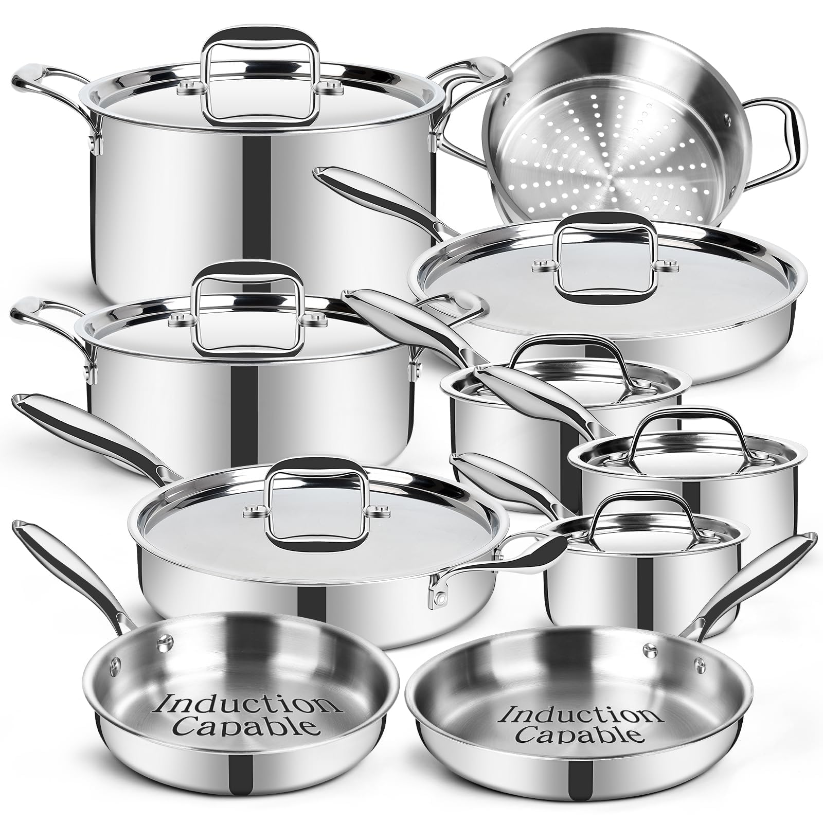 3 Ply 17pcs Stainless Steel Cookware Set, Induction Hob Pots and Pans Sets, Oven Safe | Induction Compatible Frying Pans, Saucepans, Saute Pan & Stock Pot, PFOA, PFOS Free