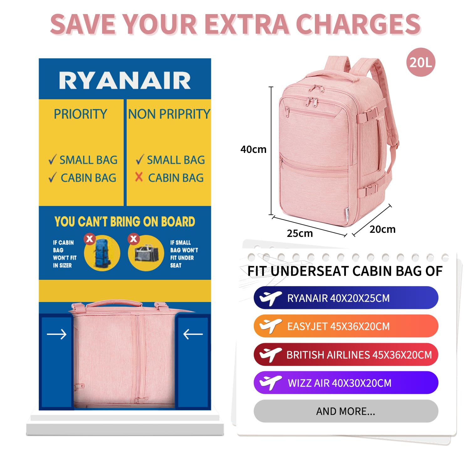 Narwey Zaino Ryanair 40x20x25 Bagaglio a Mano Borsone da Viaggio Borsa da Cabina Borsa Aereo Zaino Porta PC Donna Uomo 20L(Rosa)