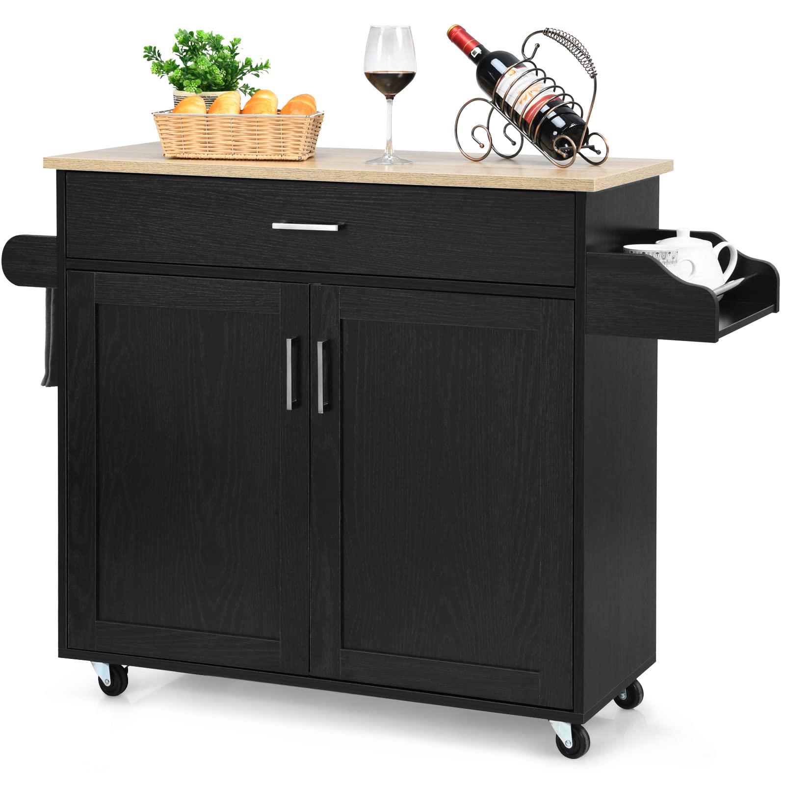 COSTWAY Carrello da Cucina con Ruote di Gomma, Scaffale per Microonde Carrello Servizio, Mobile Cucina con Ripiani e Ante, Credenza Cucina Legno Moderno Elegante, 116 x 37 x 85 cm (Nero)