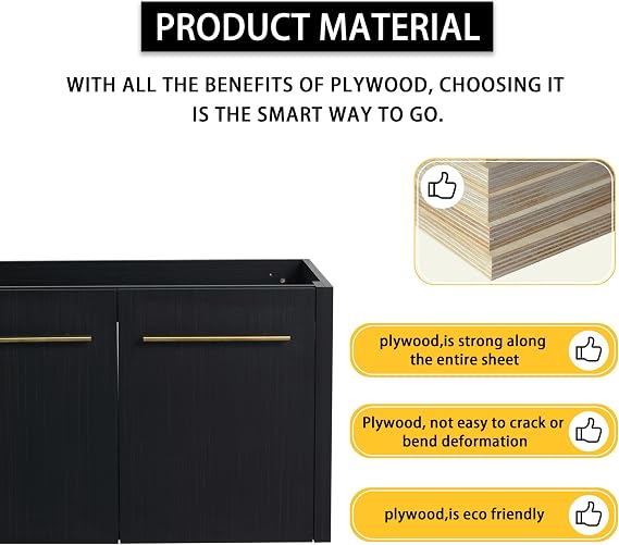 60 inch Wall-Mount Bathroom Vanity Cabinet, Modern Floating Bathroom Vanity Cabinet with Soft Close Doors & Gold Metal Handle, Sink Basin Not Included, 60 Black & Brown