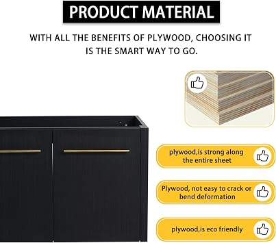 60 inch Wall-Mount Bathroom Vanity Cabinet, Modern Floating Bathroom Vanity Cabinet with Soft Close Doors & Gold Metal Handle, Sink Basin Not Included, 60 Black & Brown