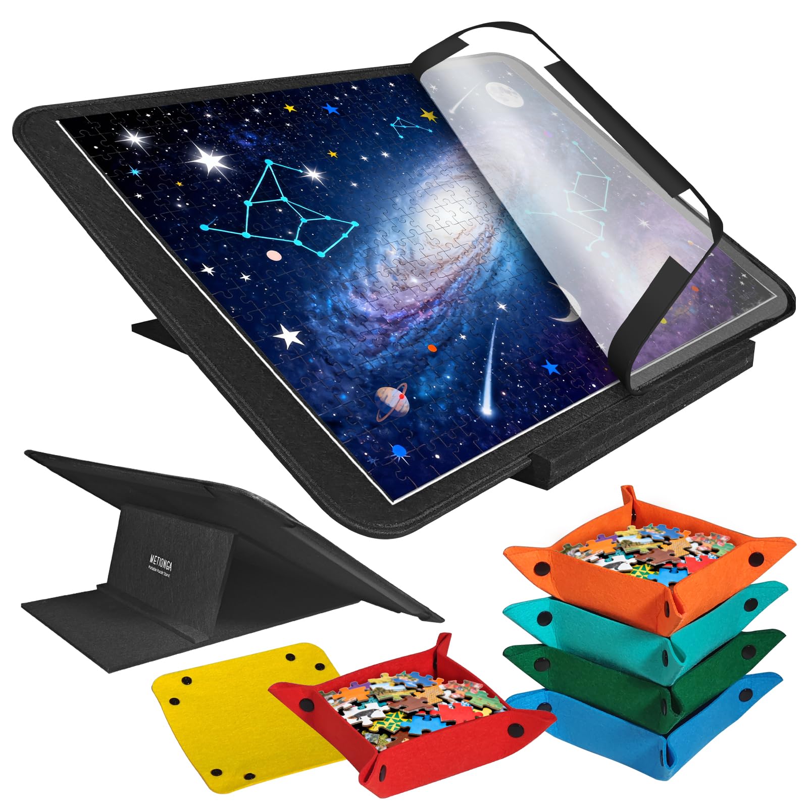 Tablero Puzzle para 1000 Piezas, Puzzle Board con 6 bandejas clasificadoras de Colores y Cubierta, Tapete de Fieltro Ligero con Soporte Ajustable multiángulo, Portátil Mesa Puzzles