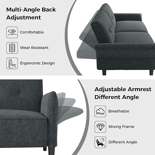 Miniatura 3 de Sofá cama futón de 89 pulgadas, cómodo sofá cama futón con 2 almohadas cuadradas, sofá cama convertible con respaldo y reposabrazos ajustables, sofá