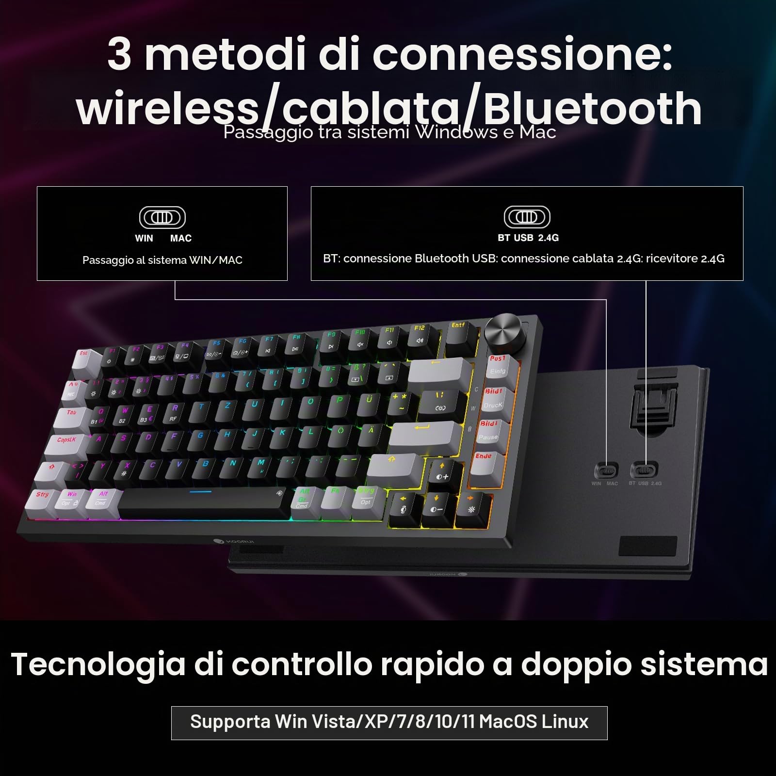 KOORUI Tastiera meccanica, tastiera da gioco senza fili/cablati/Bluetooth 26 RGB ricaricabile 4000 mAh batteria 82 tasti layout tedesco QWERTZ per Windows MacOS Linux interruttore rosso